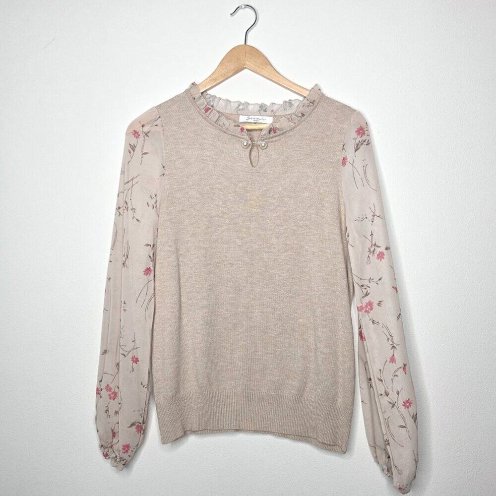 Sioni Milano Mixed Media Floral Sleeve Sweater Pearl Trim Ruffle Knit Top